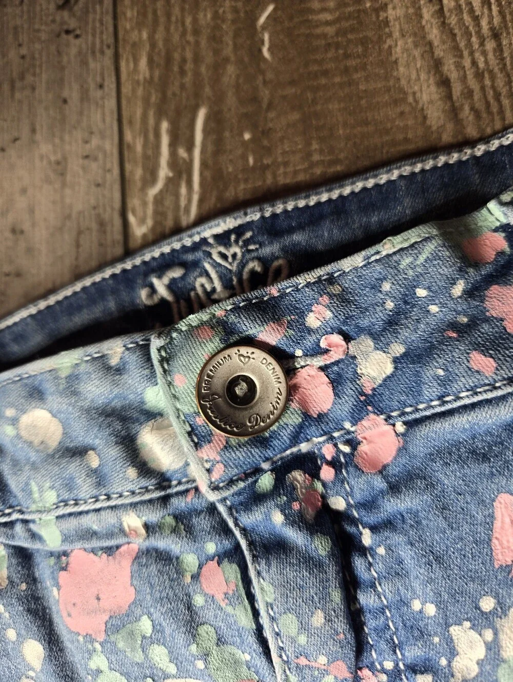 Justice Denim Upcycled Paint-Splatter Shorts in Blue with Pink & Mint Size 16R